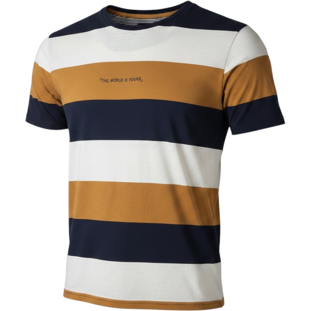 Denim & Flower Ricky Singh Mens Striped T-Shirt The World Is Yours Navy Gold S